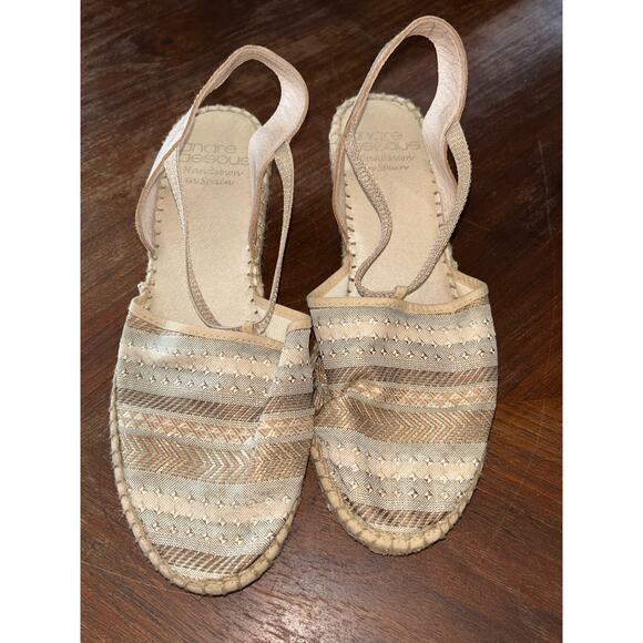 Andre Assous Spain Cream Tan Metallic  Espaadrilles Sandal Wedges  Eu 37  US 6.5 - Picture 1 of 11